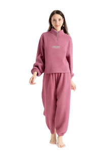 Pigiama in pile da donna Calicaina, set con maniche lunghe e cerniera frontale, tinta unita, morbido, invernale, casual, vestibilità ampia, lunghezza intera - Product Image 1