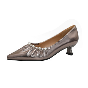 Zapatos de Tacón Bajo con Punta en Pico para Mujer, de Cuero Genuino, con Decoración de Perlas, Estilo Mary Jane, Cómodos, Formales, para Todas las Temporadas - Product Image 1