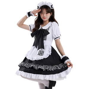 Maid Outfit Lolita Dress Set Black <b>White</b> Checkered Cosplay Costume for Anime Role Play <b>Women</b> Spring 2025 Polyester - Product Image 2