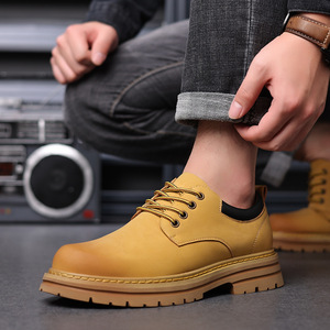 Bottes Martin pour homme en cuir véritable, bout rond, talon plat, semelle extérieure en caoutchouc antidérapante, couleur unie, botte à la cheville, chaussure de travail - Product Image 2