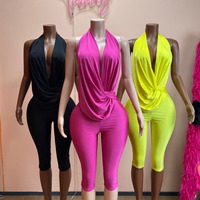 Combinaison sexy pour femme, col halter plongeant, sans manches, dos nu, moulante, longueur capri, tenue de club