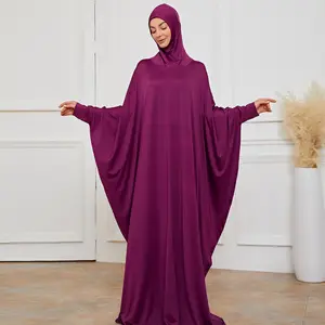 Düz fuşya elbise ibadet giyim katı renk kadın kapalı Abaya uzun elbise müslüman etnik din giyim