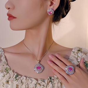 Fashion Jewelry Eco-friendly Copper Gold Plated 14-10MM Zircon Floral <b>Bridal</b> Necklace Earrings Ring Set with Pink Stones Wedding - Product Image 6
