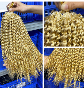 Expédition immédiate en gros # Tresses de qualité supérieure pré-bouclées en <span class=keywords><strong>cheveux</strong></span> humains vierges 100% <span class=keywords><strong>blond</strong></span> platine 613, double épaisseur, ondulations profondes et bouclées crépues - Product Image 5