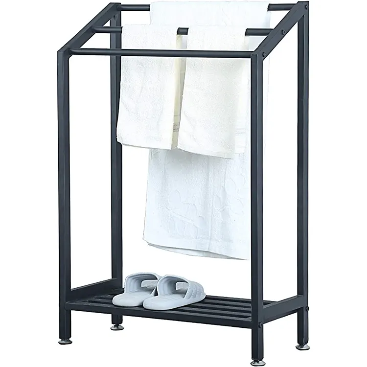 JH-Mech пользовательские черные Вешалки для полотенец в помещении или на открытом воздухе для ванной комнаты 3-ярусная металлическая стойка для полотенец с полкой свободно стоящая вешалка для полотенец
