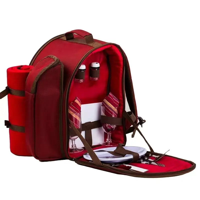 Red Picnic Backpack for 2 Person with Cooler Compartment Includes Tableware & Fleece Blanket