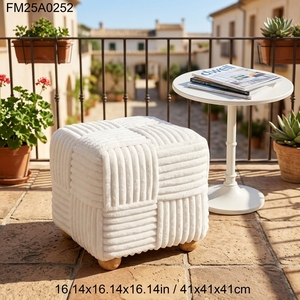Pouf <span class=keywords><strong>carré</strong></span> rayé en peluche, repose-pieds moelleux avec pieds en bois, tissu en velours côtelé <span class=keywords><strong>blanc</strong></span> doux, repose-pieds pour salon - Product Image 4