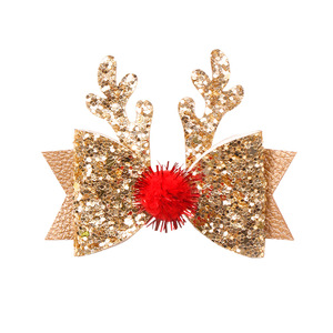 Christmas Xmas Children's Glitter Edge Sequins Barrettes Reindeer <strong>Antler</strong> Hair Clips Girls Bow Hairpin Fabric Accessories - Product Image 1