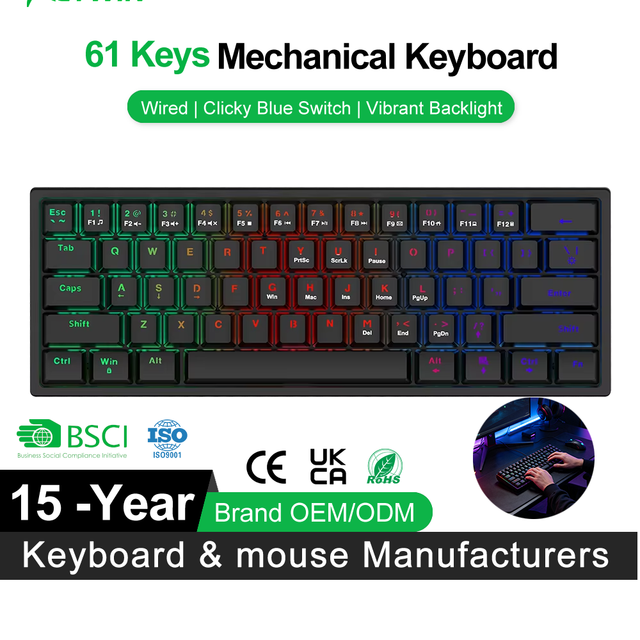 Factory OEM 61-Keys Wired Mini Mechanical Gaming Keyboard with LED Backlight 60% Type-C Wired Custom Mechanical Gaming Keyboard