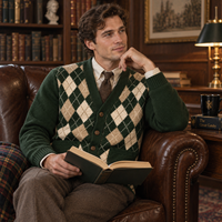 Cardigan en tricot Argyle pour homme, col en V, boutonné, style vintage preppy, manches longues avec poches, logo personnalisé, OEM ODM, vente en gros