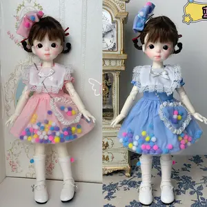 Grosir 1/6 pakaian boneka BJD untuk gaun Pom-Pom lapisan ganda boneka 12 inci merah muda