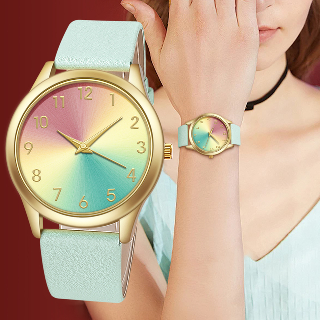 WJ-11439 Newest Made in China Factory Direct Cheap Ladies Watch Leather Strap Rainbow Dial Casual Women Watch Wholesale Watches