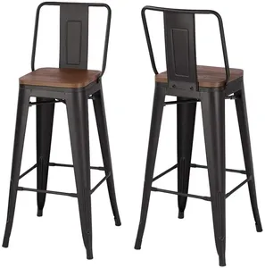 Tall Industrial <b>Vintage</b> Style <b>Chairs</b> Metal Legs Solid Wood Seat Tolix Bar Stools With Backrest - Product Image 2