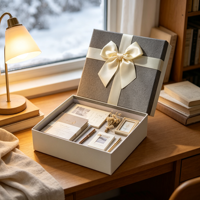 Coffret Cadeau Hiver : Ruban Satin Gris Crème, Carnet d'Invitation, Stylo, Fleur, Cadre Doré – Ensemble Papeterie de Présentation en Gros
