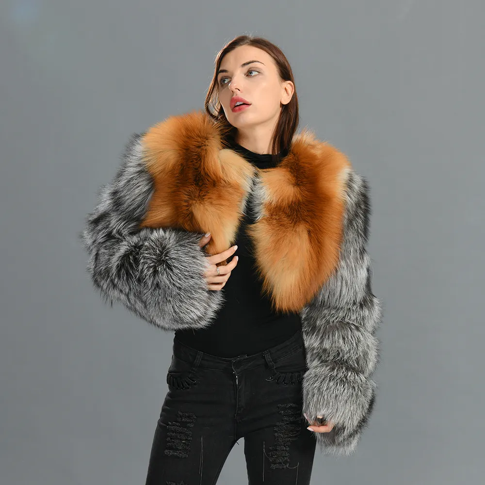 New Arrival Fashion Ladies Two Colors Fox Fur Coat Bubble Sleeves Cropped Fluffy Real Fox Fur Coat For Women 2022