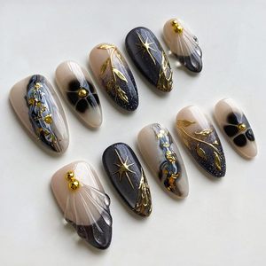 24 faux ongles 3D effet œil de chat, à presser, avec paillettes dorées, motif étoile et coquillage français, amovibles, style doux et cool - Product Image 1