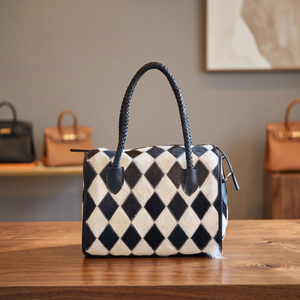 Bolso Tote de Cuero Vacuno a Cuadros Blanco y Negro de Lujo con Asas Trenzadas y Cierre de Cremallera, Bolso Casual para Mujer - Product Image 3