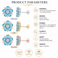 Boucles d'oreilles en moissanite 6A+ VVS1 couleur D, argent sterling 925, grappe de fleurs, zircon bleu, cadeau pour femme