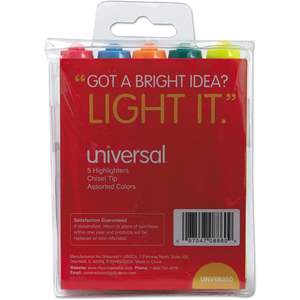 Universal 08860 Highlighter Pen <b>Set</b> Fluorescent Colors 5/Pack Flat Brush Tip for School Use Desk Highlighter - Product Image 1
