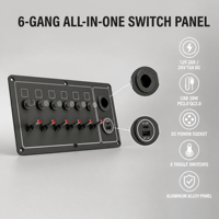 Panneau de commutation à 6 interrupteurs en aluminium 12V/24V avec fusibles, USB PD3.0 QC3.0 30W, voltmètre et prise DC DAMAVO pour voiture, bateau, camping-car