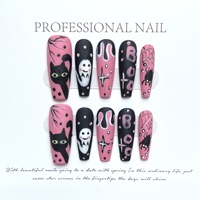TSZS Halloween Spooky Oval Coffin Faux Ongles à Presser Faits Main, Ongles Acryliques 3D Effet Fantôme pour Fête, Cosplay et Manucure