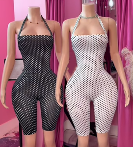 Viviblook J26JP132 Combinaison d'été pour femme, nouvelle combinaison sexy à pois sans manches, col halter, coupe ajustée, une pièce - Product Image 1
