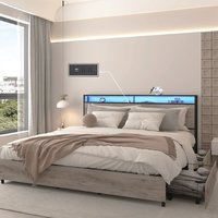 Cadre de lit king-size moderne avec station de charge, lumières LED, lit en métal avec tête de lit de rangement, stable pour chambre à coucher, ODM/OEM disponible
