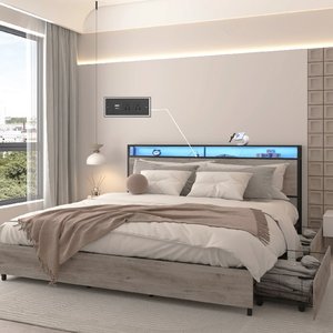 Base letto matrimoniale con stazione di ricarica e luci LED, letto in metallo con testiera contenitore, solido e stabile, disponibile ODM/OEM - Product Image 3