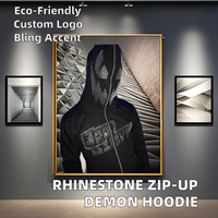 Sweat à capuche personnalisé en coton éponge français à fermeture éclair complète 100% Fabricant vérifié Street Wear Démon Visage Imprimé Strass Détail
