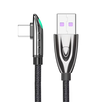 Câble de charge rapide USB A-C 66W 6A, cordon de chargeur gaming à angle droit 90 degrés, fil de données tressé avec lumière LED pour téléphone portable
