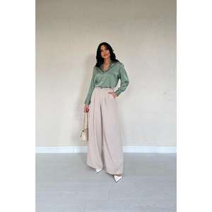 Pantalon plissé beige confortable pour femme, style évasé, taille élastique, léger, en mélange doux, coloré, décontracté, taille XL, idéal pour le bureau (vente en gros) - Product Image 3