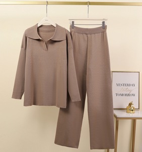 Autumn Winter Polo Neck Knitted Pullover Wide Leg <b>Pants</b> Women's Sweater 2-Piece Set Fashion - Product Image 3