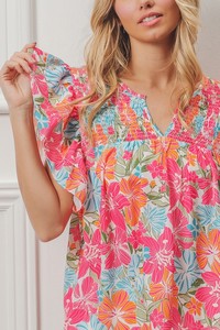 Maßgefertigte Großhandels-Damenbluse mit Lebhaftem Blumenmuster, Kurzen Flatterärmeln, V-Ausschnitt, Sommerlicher Boho-<span class=keywords><strong>Peplum</strong></span>-Stil - Product Image 5