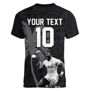 2024 Camiseta con cuello en V de Fiji Rugby para <span class=keywords><strong>mujer</strong></span> Custom Pacific Champions Anniversary 7 Titles Tapa Hibiscus Black con Alibab - Product Image 2