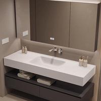 Meuble de salle de bain mural en bois sur mesure, gain de place, avec vasque en planche et miroir LED