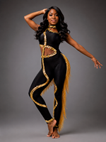 Costume de danse personnalisé pour femmes, combinaison à franges en sequins noirs et dorés, tenue de spectacle sur scène