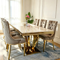 Ensemble de table à manger rectangulaire moderne de luxe en marbre, 6 places, avec pieds en acier inoxydable, pour usage hôtelier