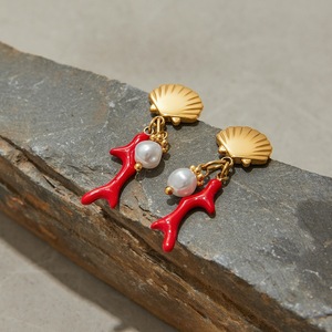 Stainless Steel <b>Drop</b> <b>Earrings</b> <b>Red</b> Coral Pearl Stud Vacation Style Jewelry - Product Image 2