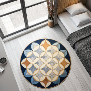 Tapis de zone tufté à la main cercle indigo pile haute et basse avec motif géométrique moderne fleur de vie pour salon et bureau - Product Image 6