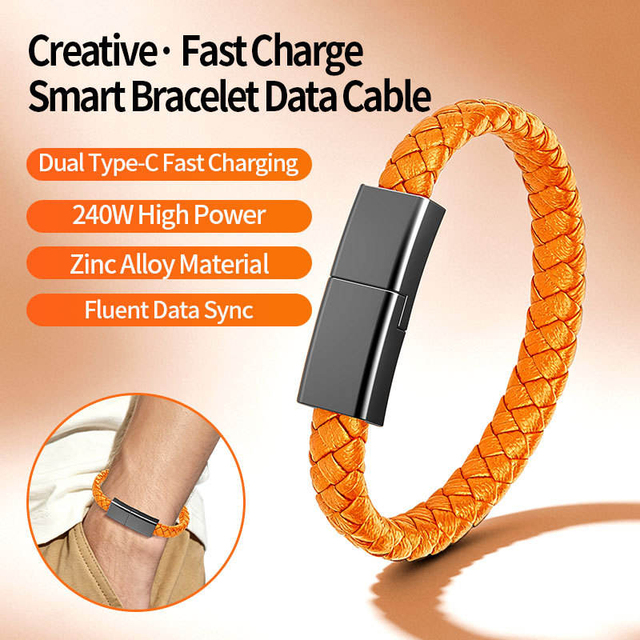 240W Dual Type-C Bracelet Data Cable Creative Woven Wristband Fast Charging Cord Zinc Alloy Portable Bracelet Charging Cable