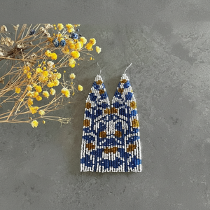 Pendientes de cuentas de flores Pendientes de cuentas de semillas florales Pendientes de cuentas de flecos Pendientes de cuentas azules amarillos Pendientes largos Estilo bohemio - Product Image 1