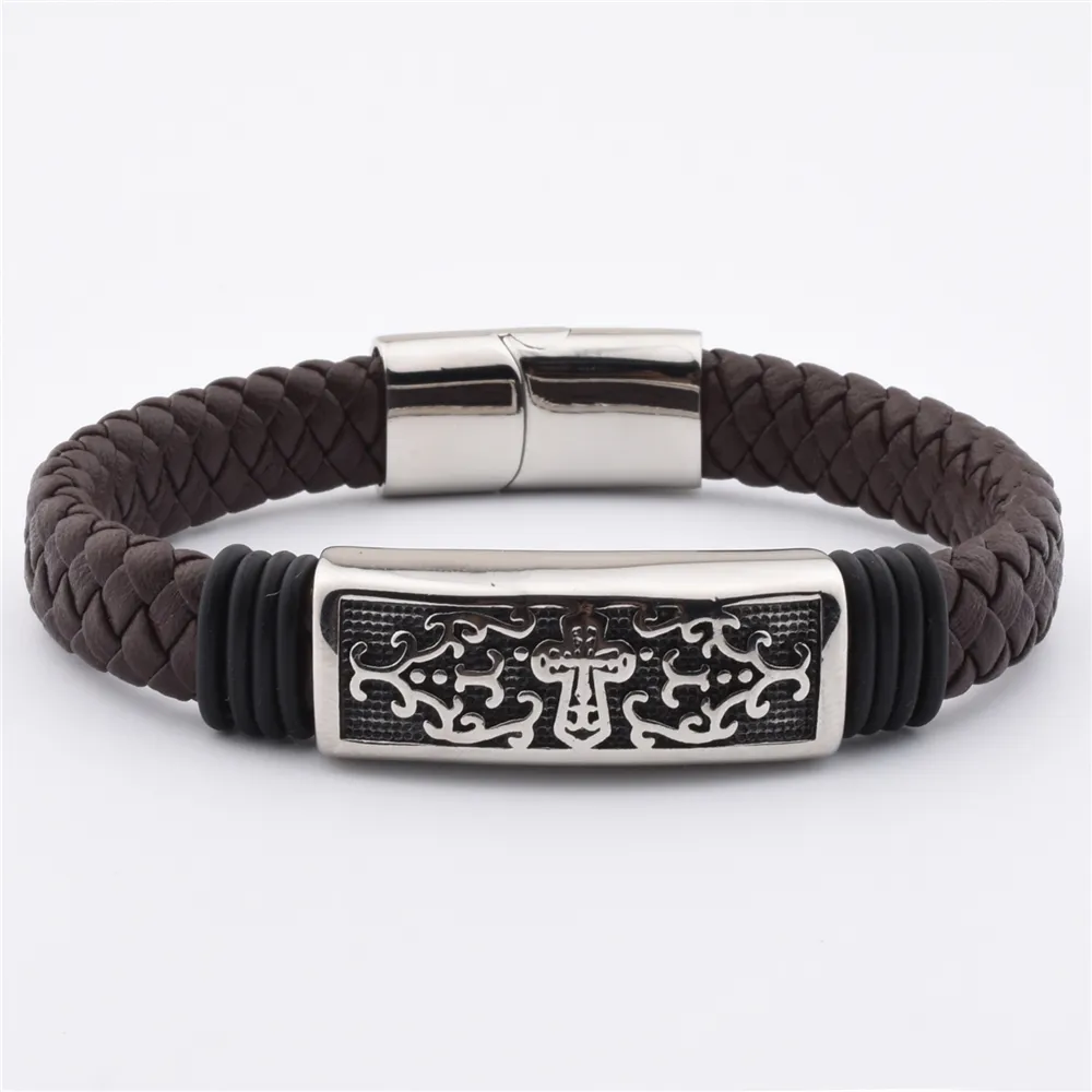 Design Wholesale Luxury New Brown Jewelry Wide Leather Bracelet cuff For Men