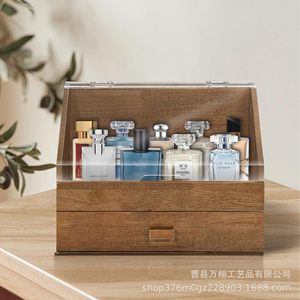 Wooden Storage <b>Box</b> With Drawer Dust Cover For Watches Glasses <b>Makeup</b> Organizer Brown Solid Wood Dressing Table Organizer - Product Image 2
