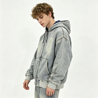 Hoodie Denim Acid Wash Distressed dengan Ritsleting EST 1987 97 Patchwork Streetwear untuk Reseller, Tersedia Kemasan OEM