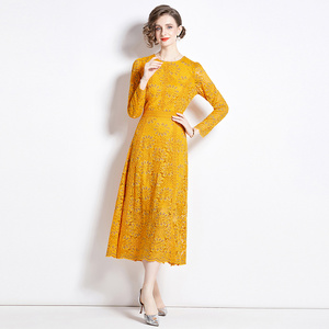 <span class=keywords><strong>Vestido</strong></span> de Encaje <span class=keywords><strong>amarillo</strong></span> de ganchillo calado con cuello redondo lavable natural sólido Midi elegante para mujer recién llegado - Product Image 3