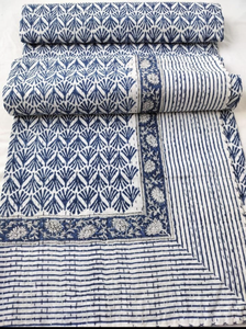 Indigo Blue Cotton Kantha <b>Quilt</b> Twin Size 60x90 Inch Handmade <b>Bedspread</b>, Traditional Indian Patchwork Bedsheet - Product Image 6