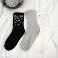 Chaussettes courtes en coton respirantes et absorbantes, tricotées avec des gemmes de diamant brillantes et colorées, pour l'été, noir et blanc