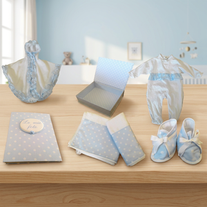 Set da 6 pezzi per battesimo neonato maschio, con tutina, scarpine, copertina e scatola, completo in cotone azzurro. - Product Image 3