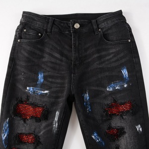 <span class=keywords><strong>Jeans</strong></span> da <span class=keywords><strong>Uomo</strong></span> di Alta Qualità Stile High Street, Pantaloni <span class=keywords><strong>Slim</strong></span> Fit con Strass, Effetto Distressed, Neri, Strappati e Patchwork, in Denim Elasticizzato - Product Image 3