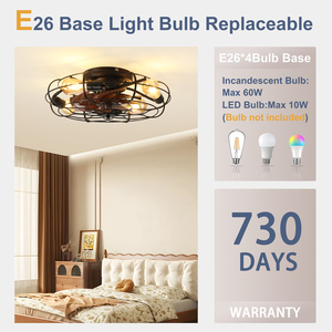 19.7" Industrial Caged Ceiling Fan with Light, 6-Speed Reversible DC Motor, E26 <b>Bulb</b> Base, Farmhouse Decor for Bedroom kitchen - Product Image 5